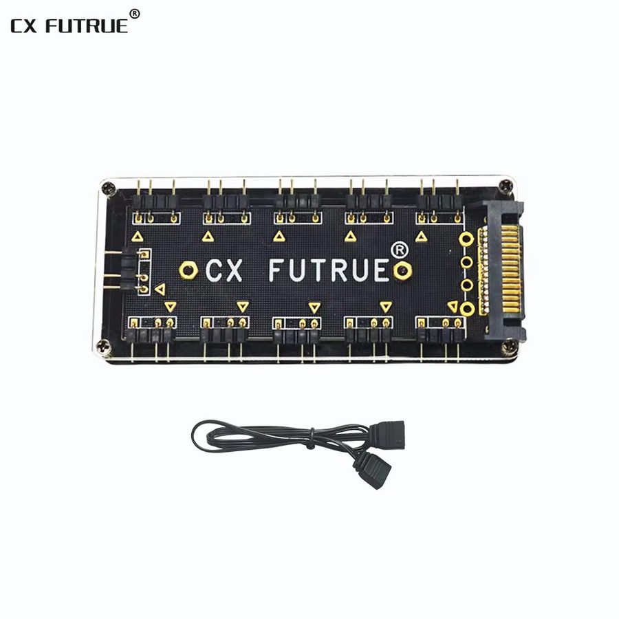 CX FUTRUE 10-Wege ARGB Lüfter-Hub, Vergoldeter Logo-PC-Lüfterverteiler aus transparentem Acryl, 5V 3-Pin Lüftersteuerung für deine PC-Kühlung in Schwarz und Gold - Bild 2