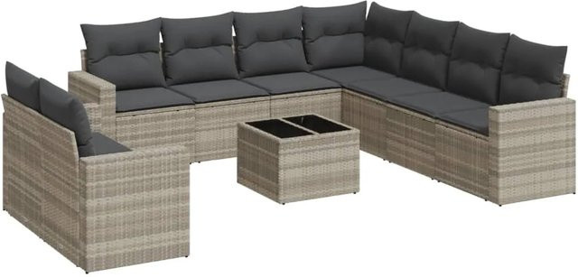 vidaXL 10-tlg Garten-Sofagarnitur in L-Form aus Polyrattan mit Kissen in Hellgrau - Bild 1