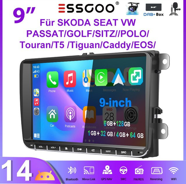 ESSGOO Android 14 Autoradio mit 9 Zoll Display, CarPlay, WLAN und GPS, Schwarz, passend für VW Golf 5 6, Passat, Polo, Touran, Tiguan, Caddy, EOS, T5 sowie SEAT und SKODA - Bild 1