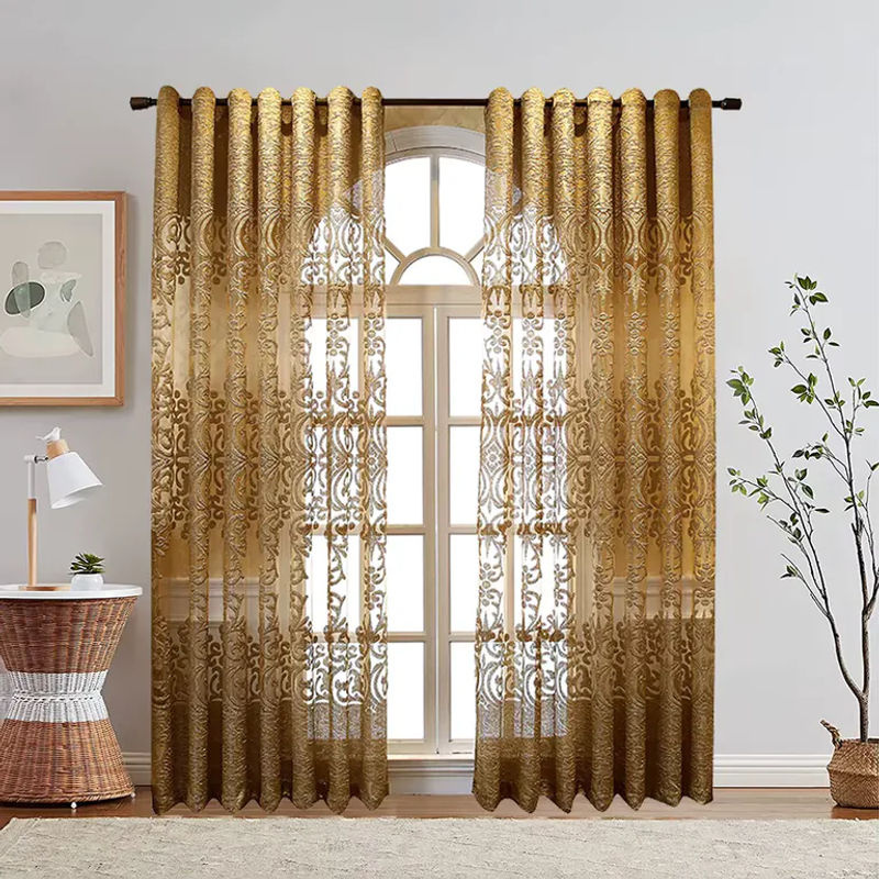 AiFish Luxus Jacquard Tüll Vorhang in Kaffee mit goldenem Draht, transparent, Höhe: 230 cm, Breite: 100 cm - Bild 6