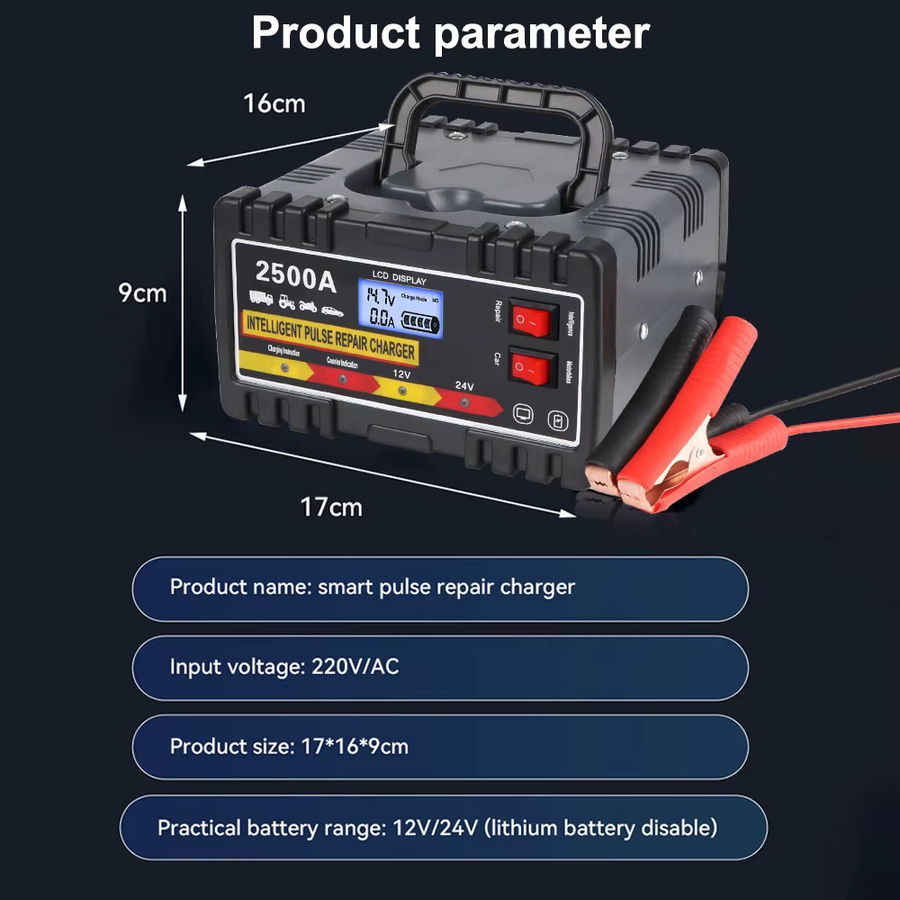 Intelligentes Puls-Reparatur-Ladegerät für Auto und Motorrad mit digitalem LCD-Display, 12V/24V, 220W, EU-Stecker, Schwarz - Bild 5