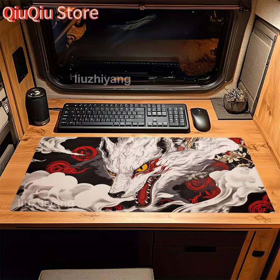 Potdemiel Mauspad mit Wolfs-Design in Multicolour, XXL Schreibtischunterlage aus Gummi mit rutschfester Unterseite und genähten Kanten - Bild 2