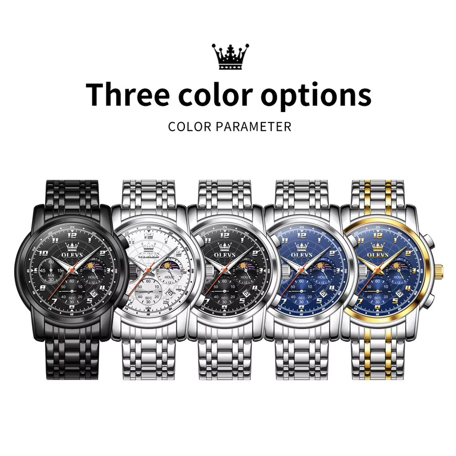 OLEVS Armbanduhr Quarz, Edelstahl, Schwarz, Mondphase, Herren - Bild 5