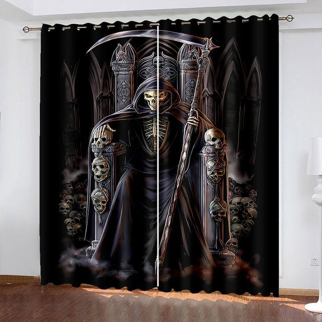 Yiran Furniture Fenster Vorhänge Tod auf Thron mit Sense, Schwarz, B: 140 cm, H: 100 cm - Bild 1