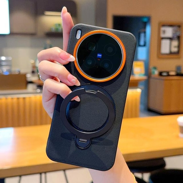 Magnetische Handyhülle für Vivo X300 und Vivo X300 Pro mit 360 Grad drehbarem Metallhalter und Gittermuster aus Kunstleder in Schwarz - Bild 1