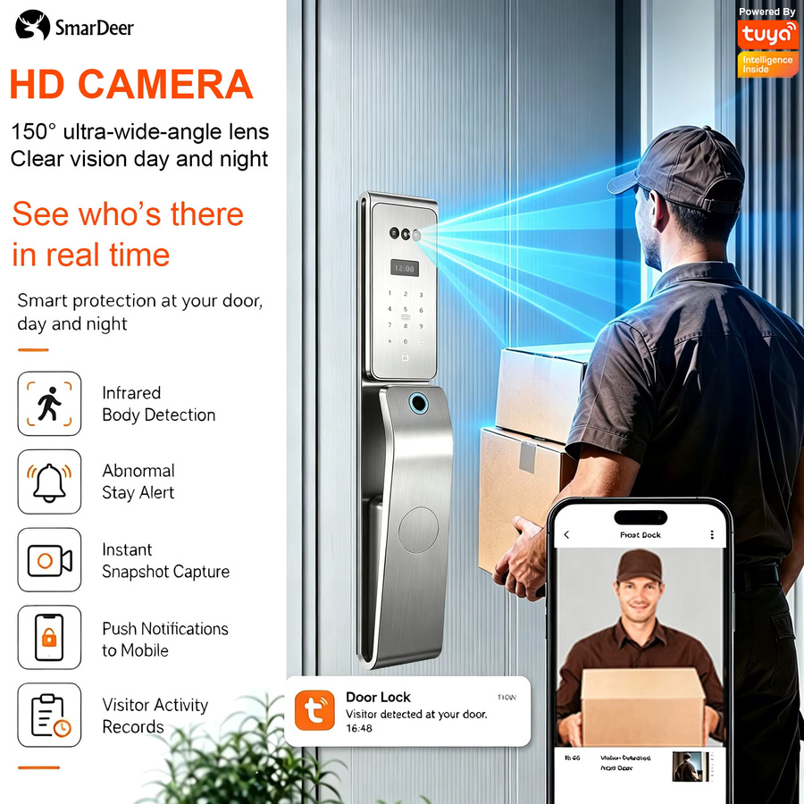 SmarDeer IP66 wasserdichtes Smart-Schloss für den Außenbereich mit 3D-Gesichts- und Handvenenerkennung, Tuya WiFi-Sicherheitsschloss in Silber - Bild 5