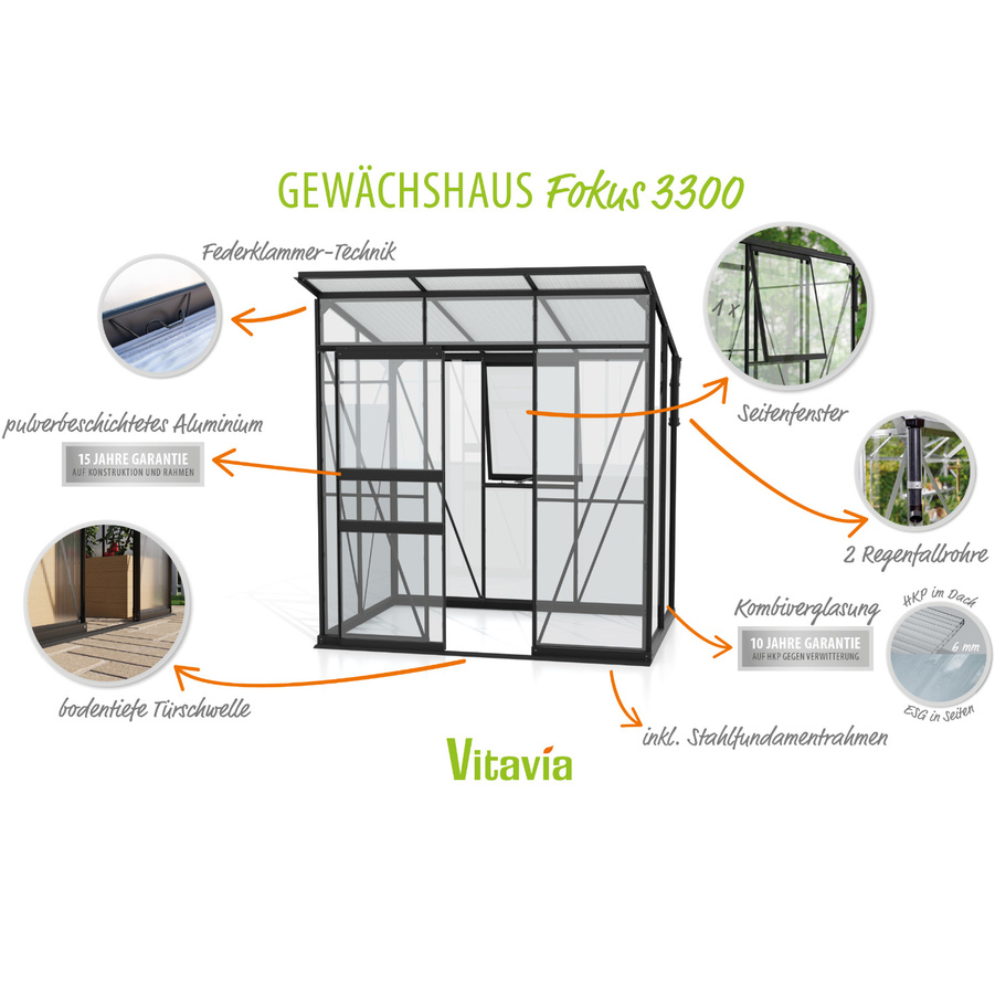 Vitavia Gewächshaus Fokus 3250 freistehend mit Pultdach und Stahlfundamentrahmen in Schwarz, 2,5 m² - Bild 4