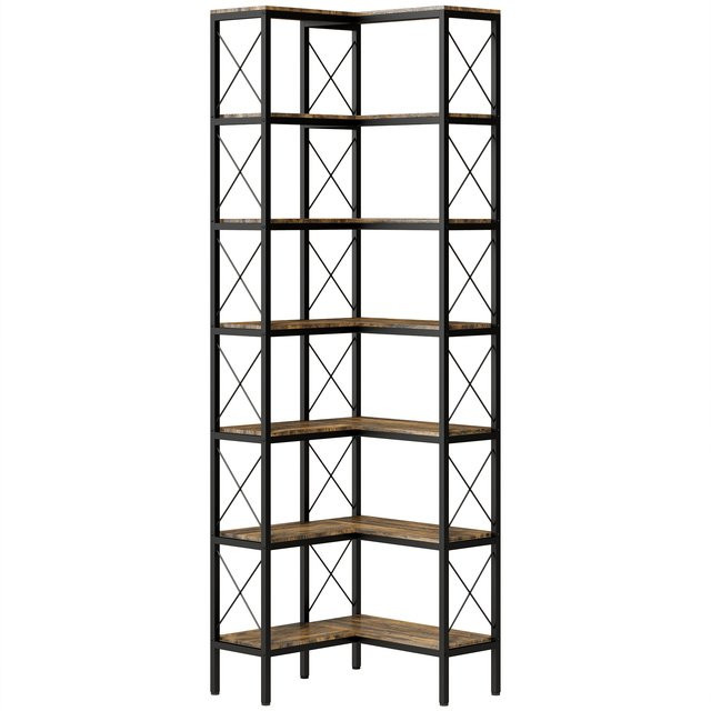 HOMCOM 6-stufiges Eckregal im Industrial Design, L-förmiges Bücherregal mit Metallrahmen in Rustikal Braun, B/T/H: 60 x 60 x 200 cm - Bild 1