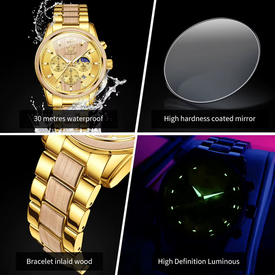 OLEVS Armbanduhr Quarz, Holz, Chronograph, Gold, Herren - Bild 6