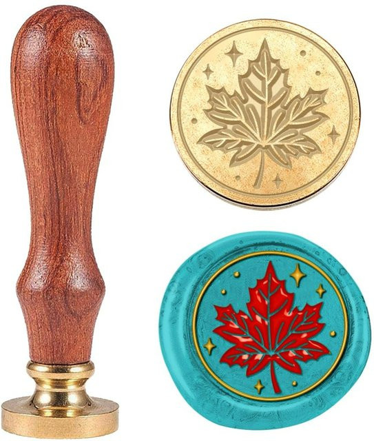 3D-Siegelstempel mit Ahornblatt-Herbst Motiv aus Messing mit Holzgriff für Vintage-Prägungen, Durchmesser: 2,5 cm - Bild 1