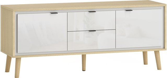HOMCOM TV-Schrank in Weiß und Eiche mit Hochglanztüren und Schubladen, Breite: 120 cm - Bild 1