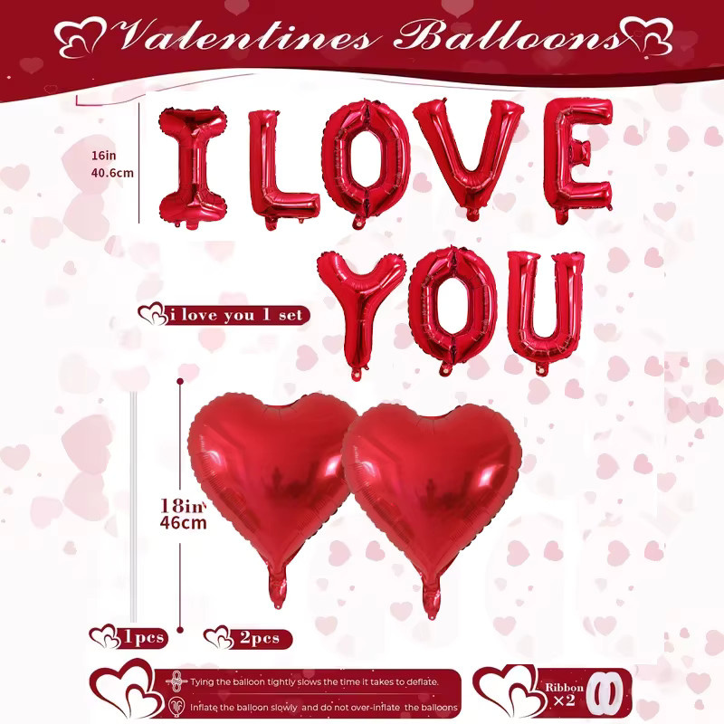 YAYB Ballon-Set I LOVE YOU mit roten herzförmigen Aluminiumfolienballons für Valentinstag und Hochzeitsdekoration, 16 Zoll - Bild 3