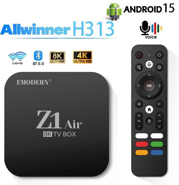 CLIBABIQBOX Z1 Air Android 15 TV-Box mit Allwinner H313 Octa-Core, 4G 5G Dual WiFi, Bluetooth 5.0 und 8K 4K Video Unterstützung, Media Player mit Sprachfernbedienung für IPTV, Schwarz - Bild 1