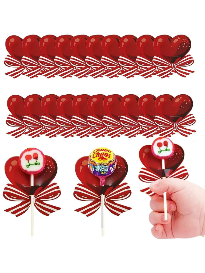 50er Paket Rote Herz Schleifen aus Papier für Lutscher und Grußkarten zur Dekoration von Valentinstag, Hochzeit oder Partys - Bild 5