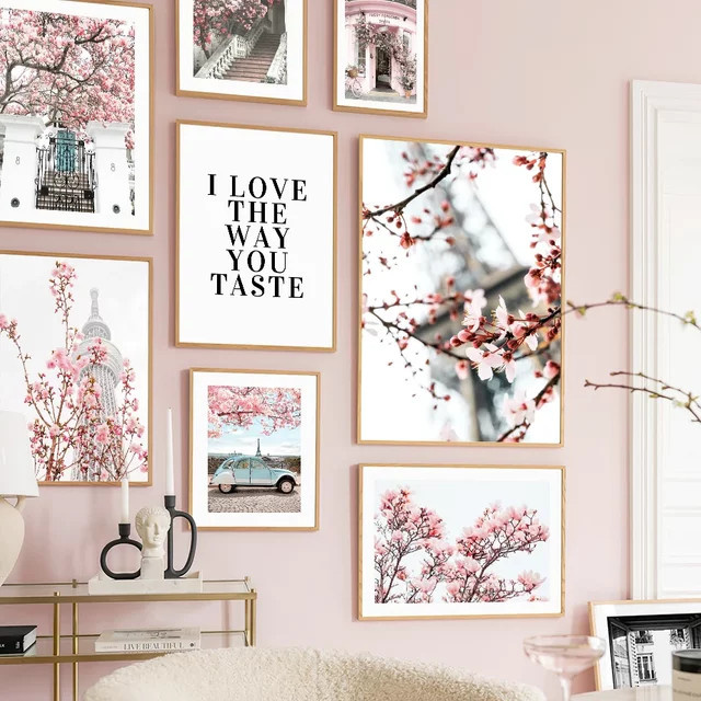 Potdemiel Vintage Wandkunst Leinwandposter Paris City mit Pink Peach Blossom und Blumen in Rechteckform - Bild 1