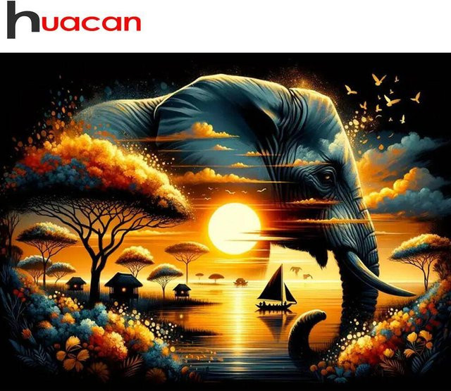 Huacan Diamant-Mosaik Kunst-Set Landschaft mit Elefant und Baum, Rund, Mehrfarbig, B: 30,0 cm, H: 20,0 cm - Bild 1
