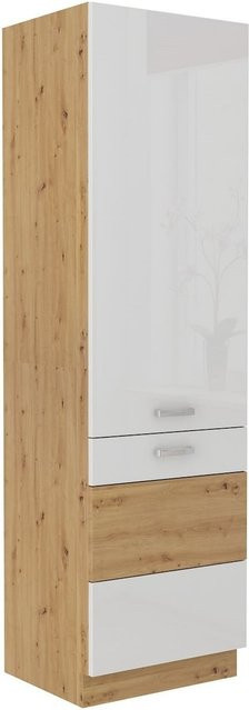 Küchen Hochschrank Eiche Artisan und Weiss Hochglanz mit 60 cm Breite - Bild 1
