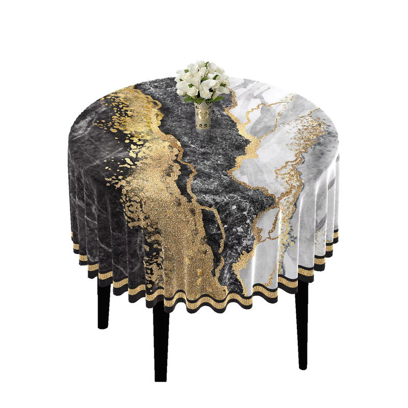 Runde wasserdichte Tischdecke mit blau lila Marmor-Design in Schwarz Weiß und Gold, Durchmesser: 160 cm - Bild 2