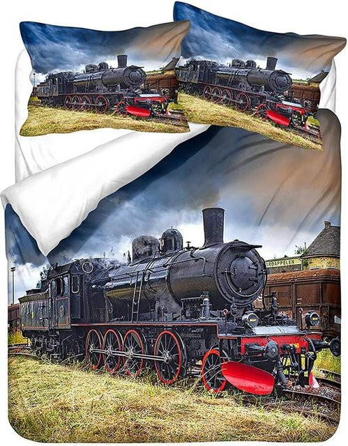 Bettwäsche-Set Your Warm Home mit 3D Zug-Digitaldruck aus Mikrofaser, Retro Dampfzug Design, Mehrfarbig, B/H: 135 x 200 cm - Bild 1