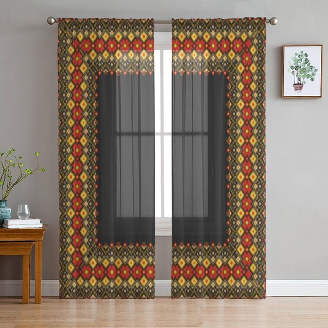 Transparenter Tüll-Fenstervorhang mit ukrainischem ethnischem Ornament von Super Six in Schwarz, Breite: 135 cm, Höhe: 114 cm - Bild 1