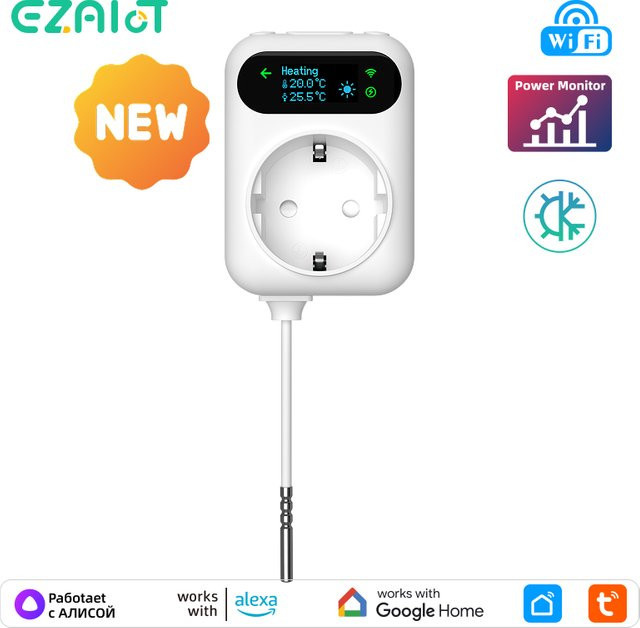 Tuya Smart WiFi Thermostat Steckdose mit Energiemonitor, 16A App-Steuerung und Sprachsteuerung für Heizung und Kühlung, Weiß - Bild 1