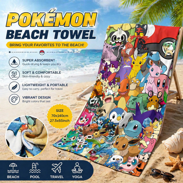 Potdemiel P-Pokémon Mikrofaser Strandtuch für Kinder mit Pikachu und Charmander, schnell trocknend, Mehrfarbig - Bild 1
