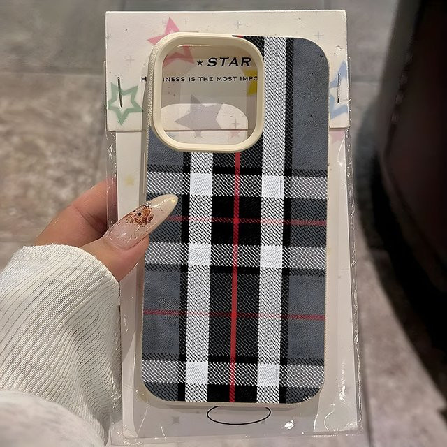 Stoßfeste Handyhülle mit Vintage Kariertem Lychee-Muster für Apple iPhone 11 bis 17 Pro Max, Pink/Multicolor - Bild 1