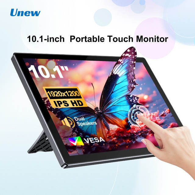 Unew 10,1 Zoll IPS Tragbarer Monitor mit 5-Punkt-Touchscreen, Full HD Auflösung, Dual-Lautsprecher und HDMI/USB-C Anschluss, Schwarz - Bild 1