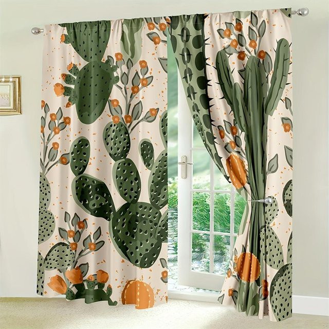 Yiran Furniture Vorhang Set mit tropischem Kaktus und Laub Muster in Grün, 2er Pack, semi-transparent, B/H: 50 x 100 cm - Bild 1