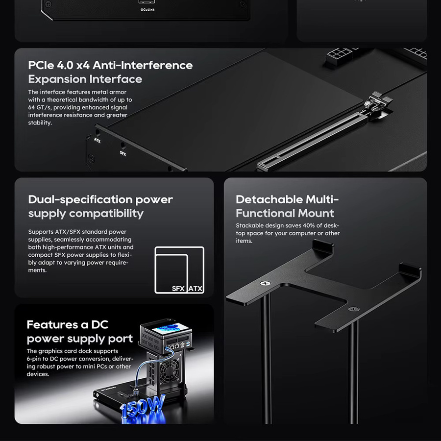 AOOSTAR EG01 EGPU-Dock mit Oculink und Thunderbolt 5 Anschluss für externe Grafikkarten PCIe 4.0x4 Schwarz - Bild 2