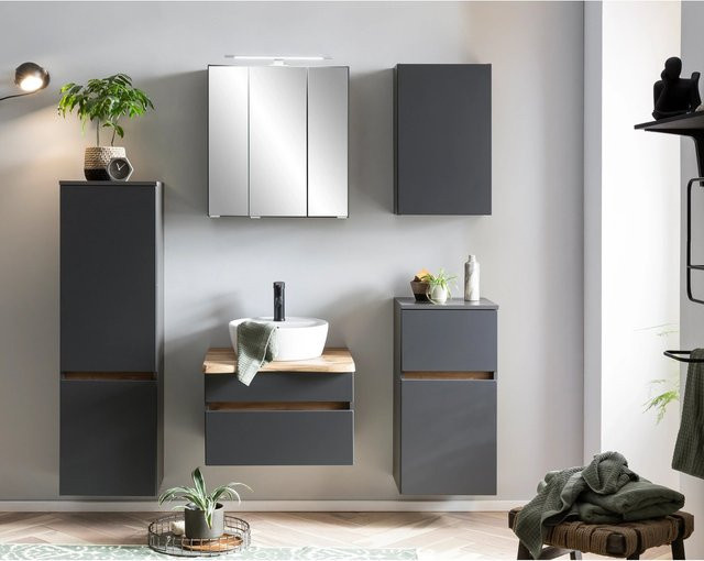 Held Möbel Waschtisch-Set Trient 2-tlg. in Matt Grau-Wotaneiche mit Keramik-Aufsatzbecken und Spiegelschrank, Breite: 60 cm - Bild 1