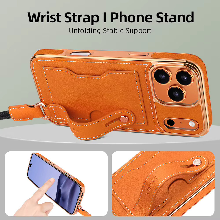 Retro Lychee Grain Handgelenk Band Telefonhülle für Apple iPhone 12 bis 17 Pro Max Plus Air aus PU Leder mit Kartenfach und Neck Strap in Rot und Orange - Bild 3