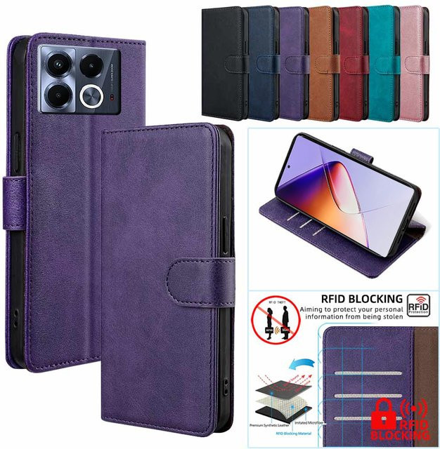RFID-blockierende Lederhülle für Infinix Note 60 Pro, Note Edge, Note 50, 40 Pro Plus, 50X und 50S in Rot oder Lila - Bild 1