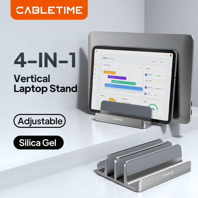 CABLETIME Aluminium Vertikaler Laptop-Ständer und Doppel-Tablet-Halter in Grau für MacBook, iPad, HP und Dell Notebooks sowie Smartphone - Bild 1