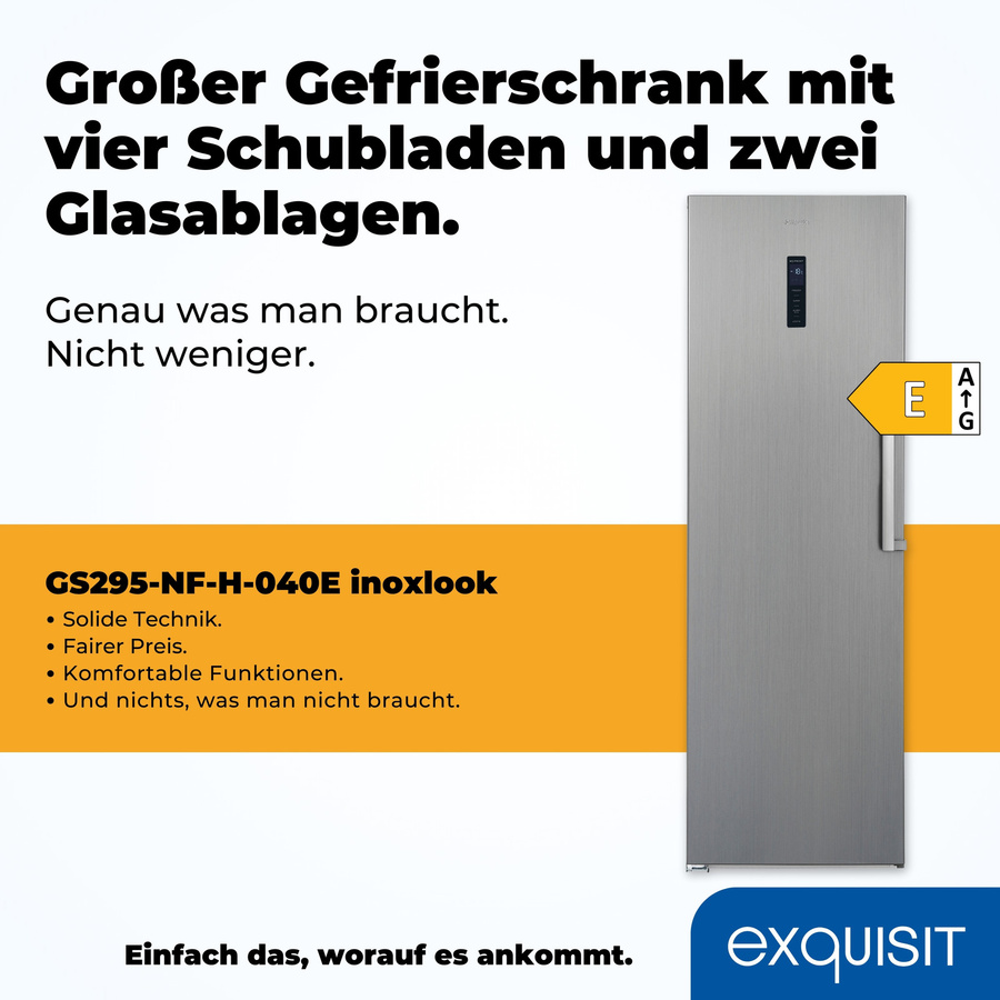 Exquisit GS295-NF-H-040E No-Frost Gefrierschrank in Silver, Standgerät mit Türalarm und Super-Freezing, B/T/H: 60 x 60 x 246 cm - Bild 3