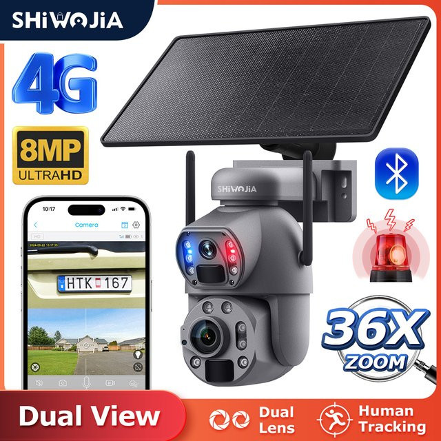 SHIWOJIA 4K 8MP 36X Zoom 4G Solarkamera mit Doppellinse, Dual-PIR-Bewegungserkennung und 12000mA Akku, PTZ Outdoor Sicherheitskamera in Grau - Bild 1