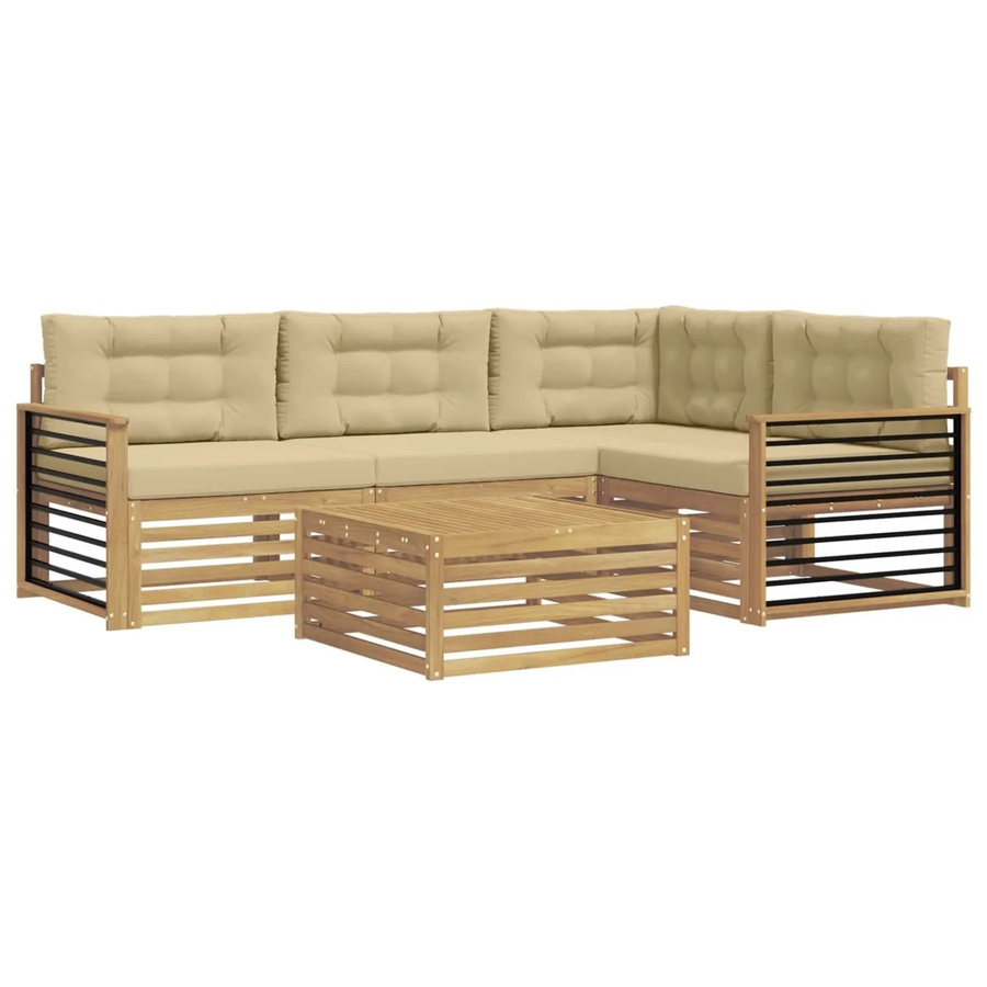 vidaXL 6-tlg. Outdoor-Sofagarnitur in L-Form mit Kissen und Couchtisch, Weiß und Beige, Akazienholz und UV-beständigem Polyester - Bild 2