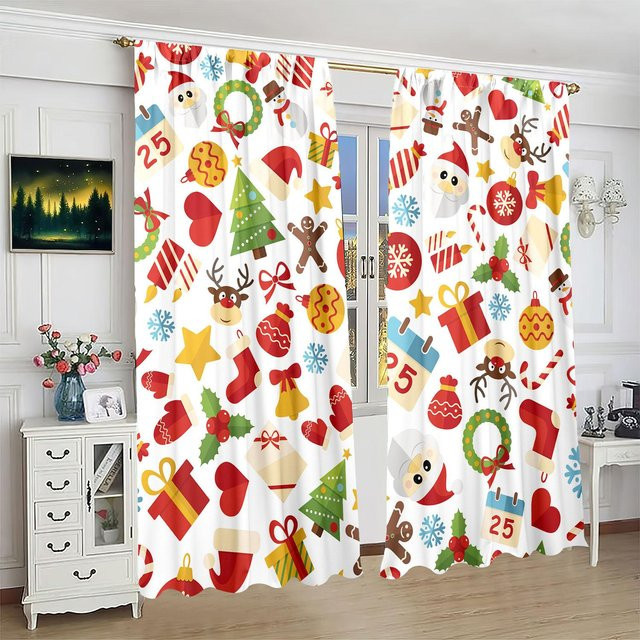 2er-Set Weihnachts-Vorhänge mit Elch-Motiv von Yiran Furniture in Rot, halbtransparent aus Polyester - Bild 1