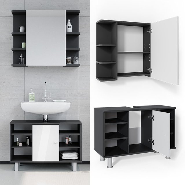 Vicco Badmöbel Set Fynn Spiegelschrank und Waschbeckenunterschrank in Anthrazit und Weiß - Bild 1