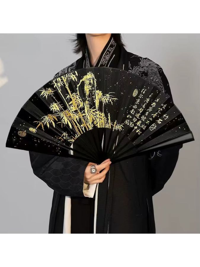 Elster Handfächer aus Seide und Spitze in Schwarz im Retro-Design für Hanfu und Cheongsam - Bild 6