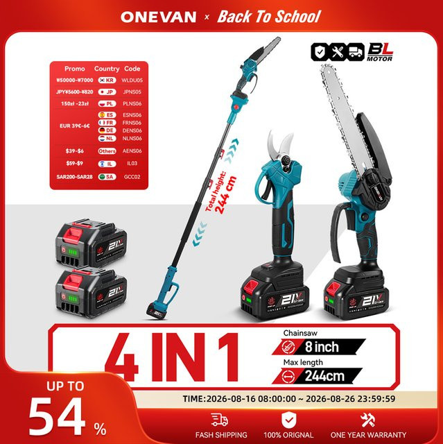 ONEVAN 4-in-1 Bürstenlose Teleskop-Elektrokettensäge mit Schere für hohe Äste, blau, kompatibel mit Makita 18V Akku - Bild 1