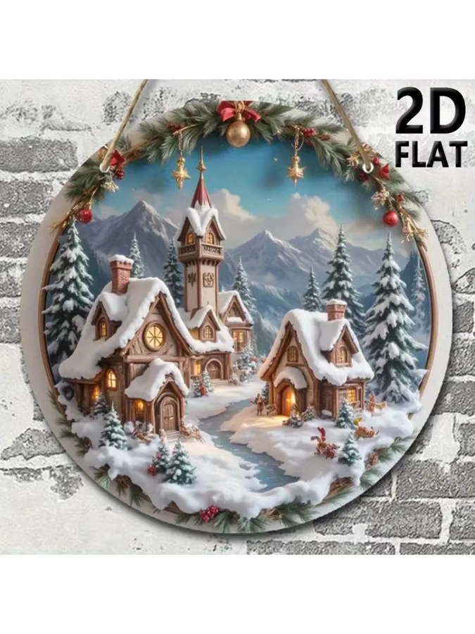 Runde Weihnachtsdorf-Wanddekoration aus Holz mit verschneiter Hütte, Kiefern und roten Beeren in Weiß, Rot und Multicolour, Durchmesser: 20 cm - Bild 6