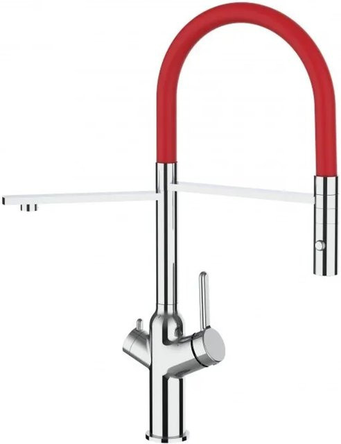 VIZIO 3-Wege Küchenarmatur mit 360 Grad schwenkbarem Auslauf, abnehmbarer 2-Strahl Handbrause und Filterfunktion, Verchromt, Rot/Silber - Bild 1