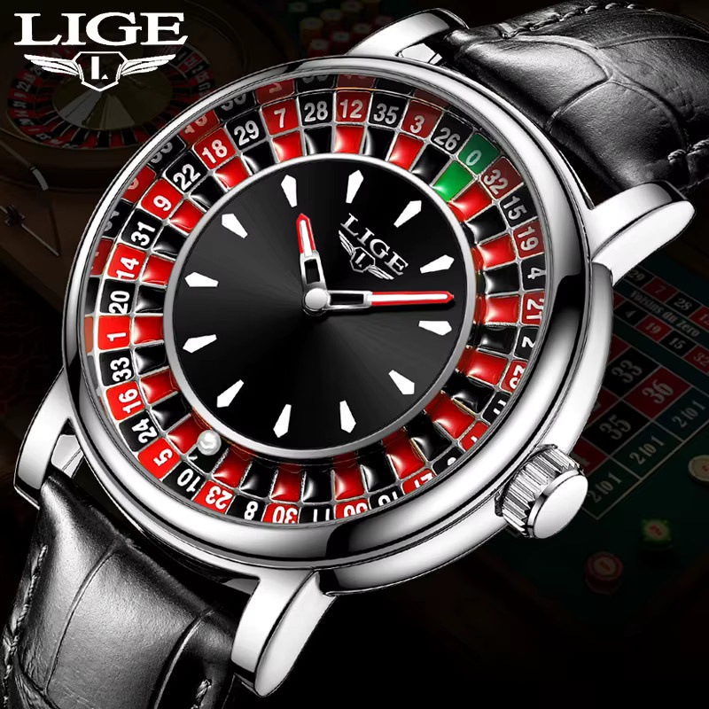 LIGE Armbanduhr Quarz, Roulette-Spielzifferblatt, Leder, Schwarz, Herren - Bild 6