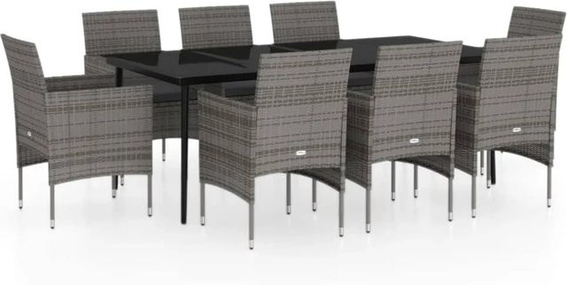 vidaXL 9-teilige Garten-Essgruppe aus PE-Rattan und pulverbeschichtetem Stahl in Grau und Schwarz mit Glasplatte - Bild 1