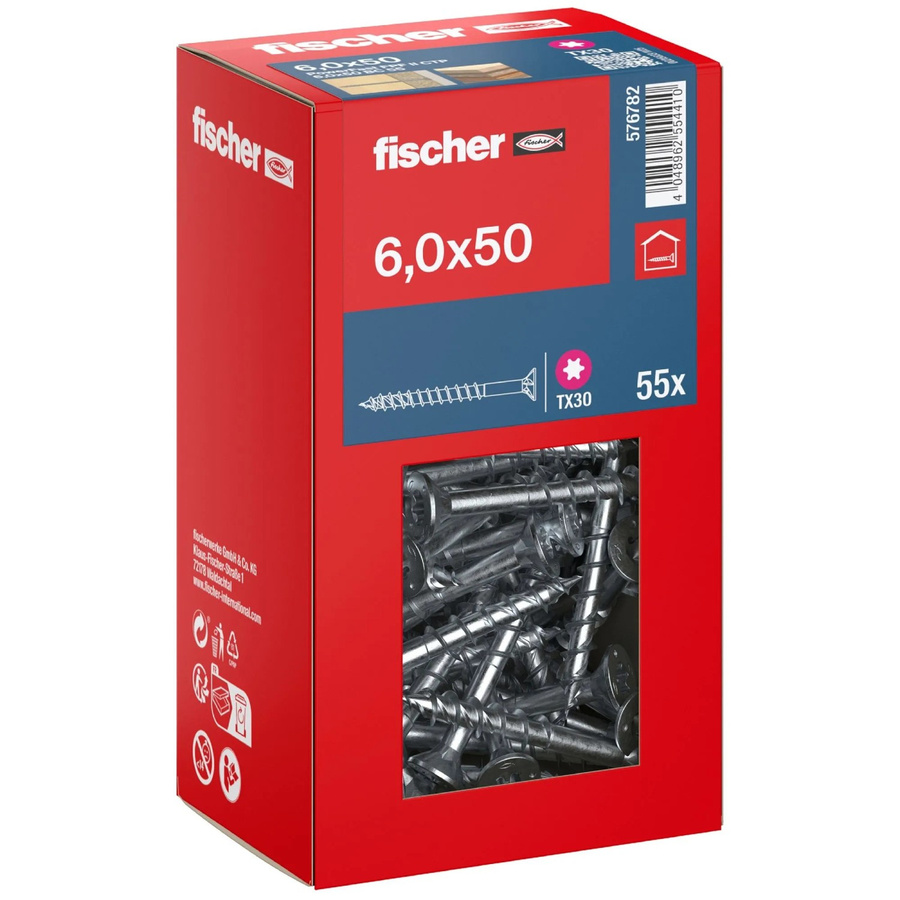 Fischer PowerFast II Senkkopf Schraube mit Torx-Antrieb aus verzinktem Stahl, Teilgewinde, Durchmesser: 6 mm, Länge: 50 mm, 55 Stück - Bild 2
