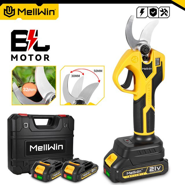 MELLWIN Akku-Gartenschere mit 32mm Schneidkapazität, bürstenloser elektrischer Astschneider für Makita 18V LXT Akkus, Gelb - Bild 1