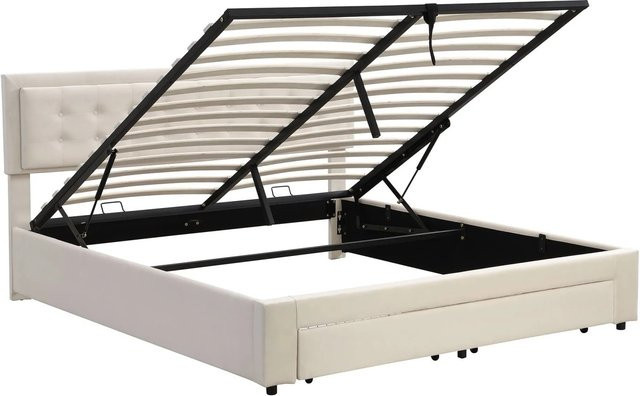 okwish Polsterbett aus Samt mit 2 Schubladen in Beige oder Grau, B/T/H: 160 x 200 x 91 cm - Bild 1