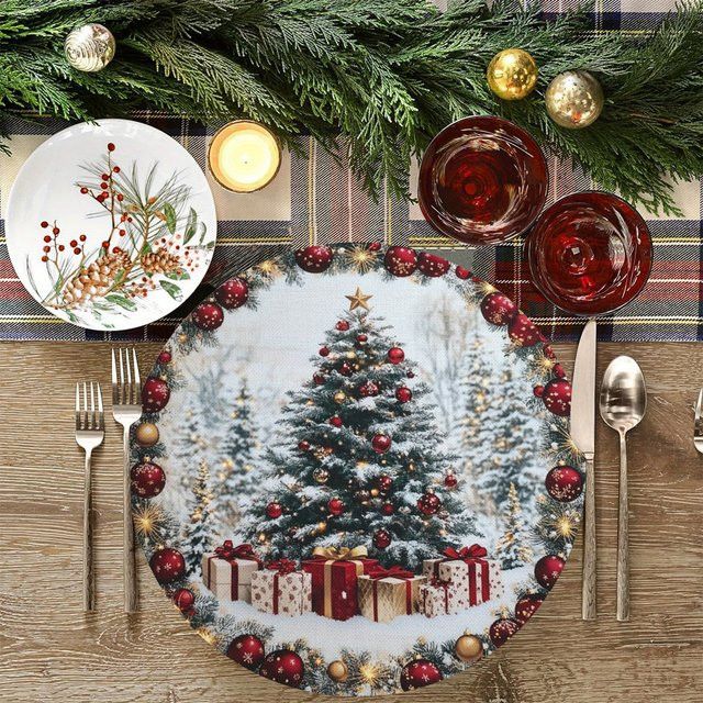 VIKAMA 4er Set Weihnachts-Tischsets mit Schneeszene in Rot und Goldfarben - Bild 1