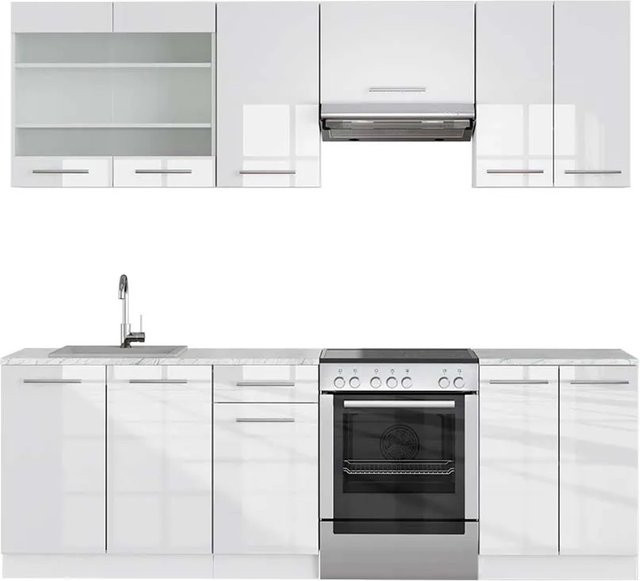Vicco Fame-Line Küchenzeile Weiß Hochglanz mit Marmor-Optik, Breite: 240 cm - Bild 1
